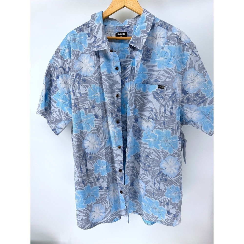 Hurley Lido Stretch Reverse Print Aloha Shirt Mens XXL Blue Floral Surf Hawaiian